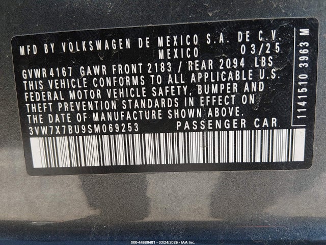 Продаж на аукціоні авто 2025 Volkswagen Jetta 1.5t Se, vin: 3VW7X7BU9SM069253, номер лоту: 44680481