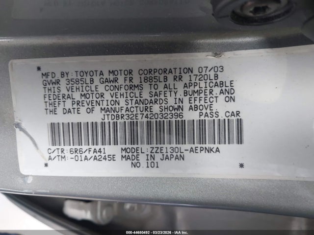 2004 Toyota Corolla Le მანქანა იყიდება აუქციონზე, vin: JTDBR32E742032396, აუქციონის ნომერი: 44680492