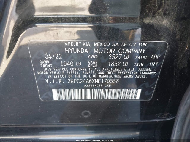 Aukcja sprzedaży 2022 Hyundai Accent Sel, vin: 3KPC24A6XNE170558, numer aukcji: 44680498