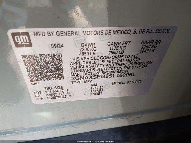 44680528 :رقم المزاد ، 3GNAXSEG8SL160061 vin ، 2025 Chevrolet Equinox Awd Activ مزاد بيع