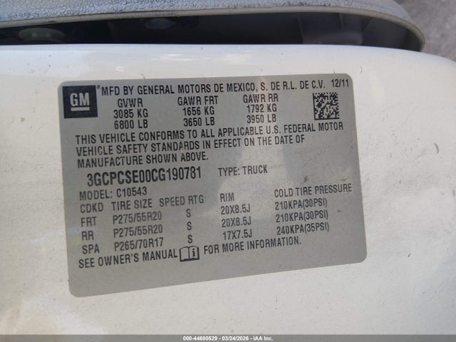 Aukcja sprzedaży 2012 Chevrolet Silverado 1500 Lt, vin: 3GCPCSE00CG190781, numer aukcji: 44680529