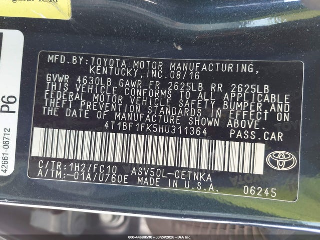 44680530 :رقم المزاد ، 4T1BF1FK5HU311364 vin ، 2017 Toyota Camry Le مزاد بيع