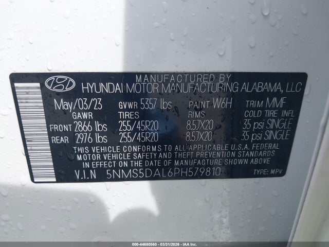 2023 Hyundai Santa Fe Calligraphy მანქანა იყიდება აუქციონზე, vin: 5NMS5DAL6PH579810, აუქციონის ნომერი: 44680560
