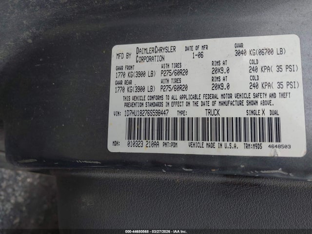44680568 :رقم المزاد ، 1D7HU18276S598447 vin ، 2006 Dodge Ram 1500 Slt/trx4 Off Road/sport مزاد بيع