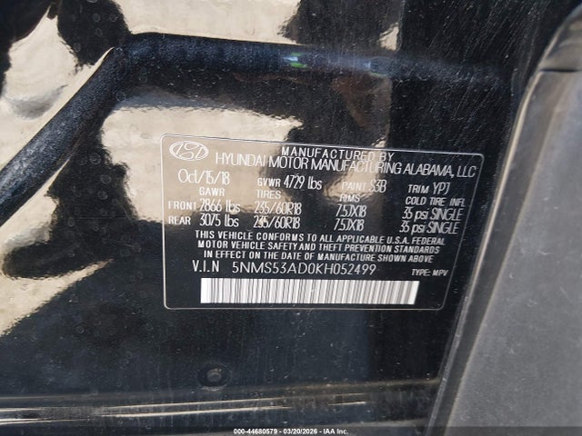 2019 Hyundai Santa Fe Limited მანქანა იყიდება აუქციონზე, vin: 5NMS53AD0KH052499, აუქციონის ნომერი: 44680579