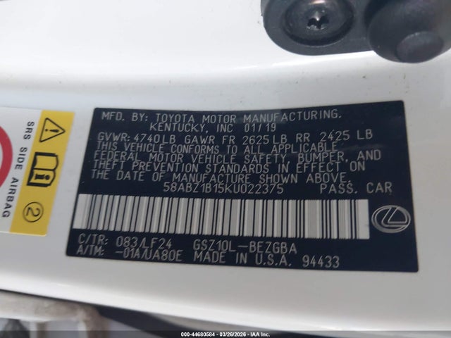 Aukcja sprzedaży 2019 Lexus Es 350 F Sport, vin: 58ABZ1B15KU022375, numer aukcji: 44680584