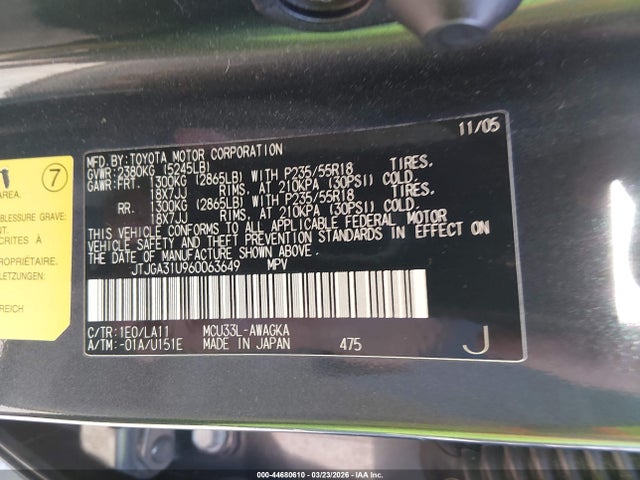 44680610 :رقم المزاد ، JTJGA31U960063649 vin ، 2006 Lexus Rx 330 مزاد بيع