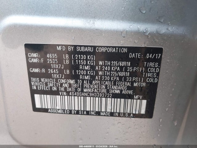 4S4BSANC9H3392722 Subaru Outback 2.5i Limited