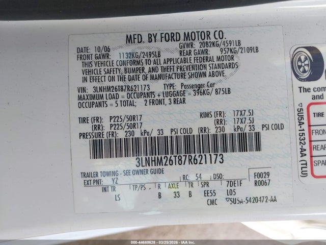 2007 LINCOLN MKZ 3LNHM26T87R621173 Photo 8
