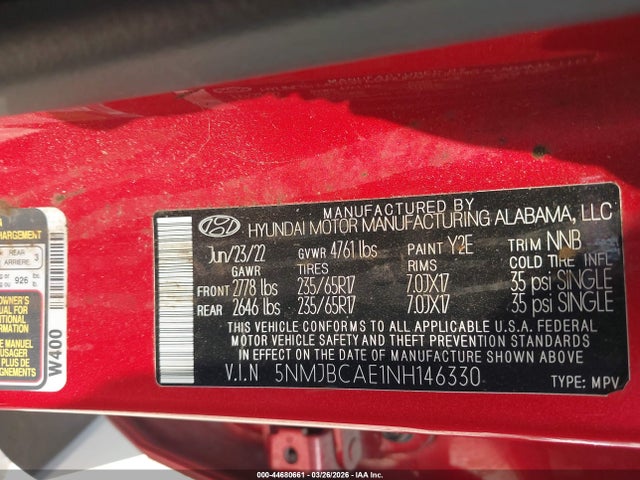 Aukcja sprzedaży 2022 Hyundai Tucson Sel, vin: 5NMJBCAE1NH146330, numer aukcji: 44680661