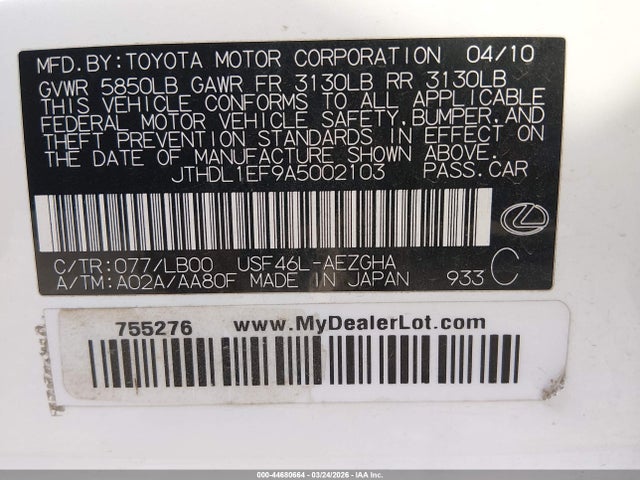 Aukcja sprzedaży 2010 Lexus Ls 460 L, vin: JTHDL1EF9A5002103, numer aukcji: 44680664