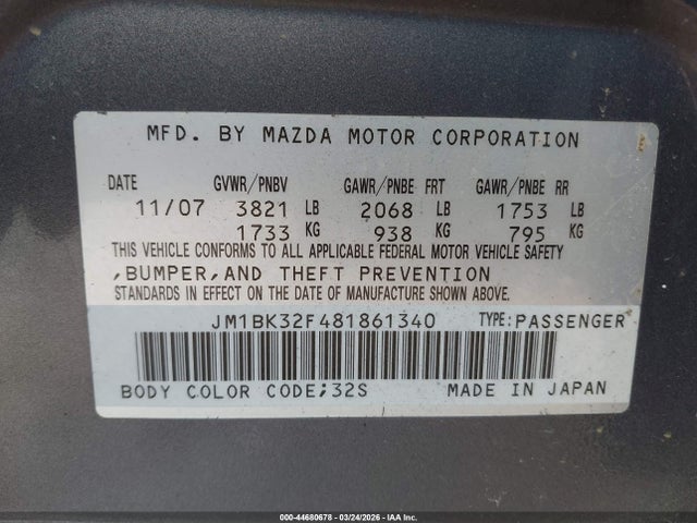 Aukcja sprzedaży 2008 Mazda Mazda3 I, vin: JM1BK32F481861340, numer aukcji: 44680678