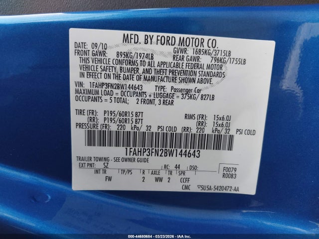 44680684 :رقم المزاد ، 1FAHP3FN2BW144643 vin ، 2011 Ford Focus Se مزاد بيع