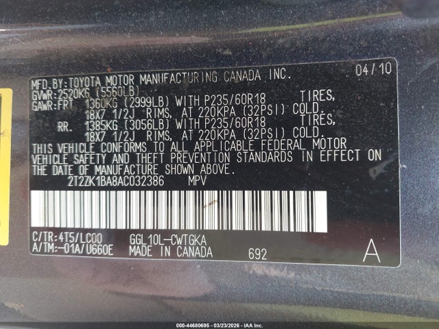 44680695 :رقم المزاد ، 2T2ZK1BA8AC032386 vin ، 2010 Lexus Rx 350 مزاد بيع