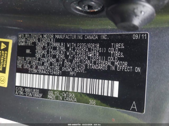 2012 Lexus Rx 350 მანქანა იყიდება აუქციონზე, vin: 2T2BK1BA4CC124681, აუქციონის ნომერი: 44680704