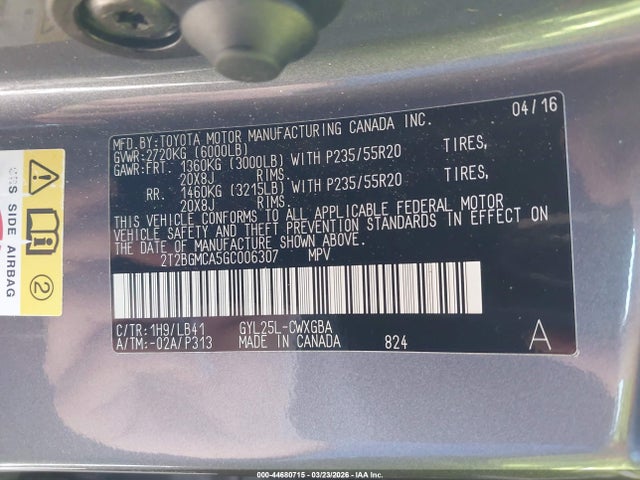 44680715 :رقم المزاد ، 2T2BGMCA5GC006307 vin ، 2016 Lexus Rx 450h مزاد بيع
