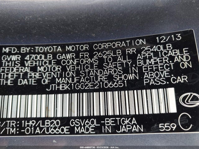 44680736 :رقم المزاد ، JTHBK1GG2E2106651 vin ، 2014 Lexus Es 350 مزاد بيع