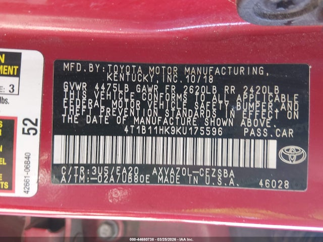 4T1B11HK9KU175596 Toyota CAMRY SE