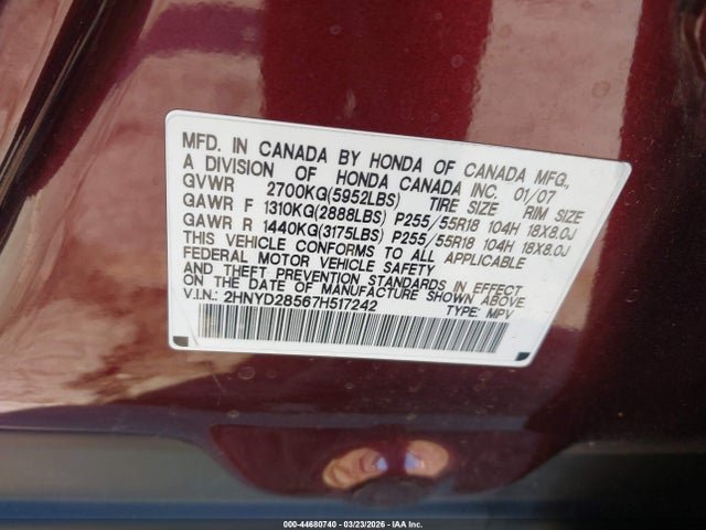 Aukcja sprzedaży 2007 Acura Mdx Sport Package, vin: 2HNYD28567H517242, numer aukcji: 44680740