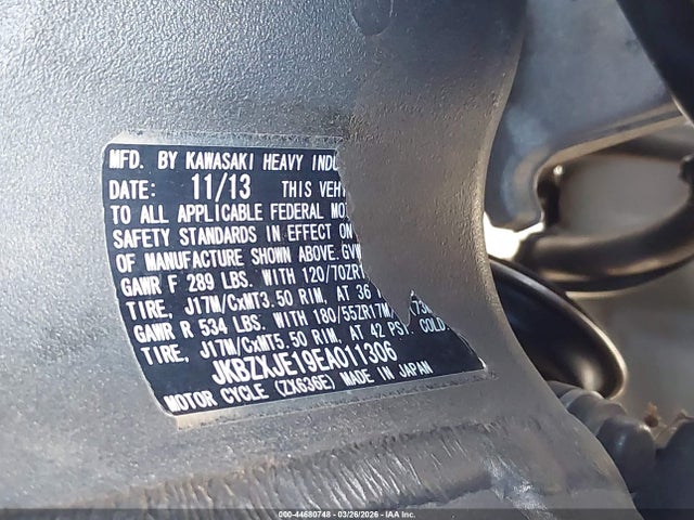 44680748 :رقم المزاد ، JKBZXJE19EA011306 vin ، 2014 Kawasaki Zx636 E مزاد بيع