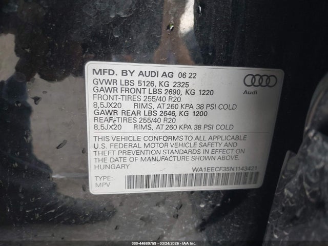 Продажа на аукционе авто 2022 Audi Q3 Premium Plus 45 Tfsi S Line Quattro Tiptronic, vin: WA1EECF35N1143421, номер лота: 44680759