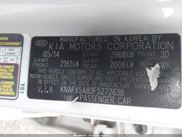 44680761 :رقم المزاد ، KNAFX5A83F5272638 vin ، 2015 Kia Forte Ex مزاد بيع