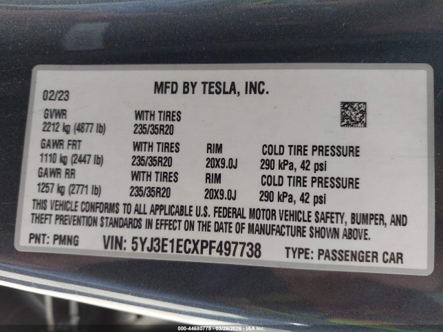 Продажа на аукционе авто 2023 Tesla Model 3 Performance Dual Motor All-wheel Drive, vin: 5YJ3E1ECXPF497738, номер лота: 44680775