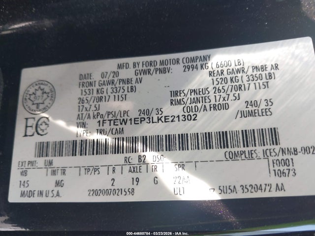 Продаж на аукціоні авто 2020 Ford F-150 Xlt, vin: 1FTEW1EP3LKE21302, номер лоту: 44680784