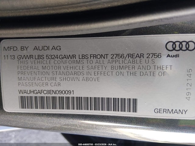 44680785 :رقم المزاد ، WAUHGAFC8EN090091 vin ، 2014 Audi A6 3.0t Premium Plus مزاد بيع