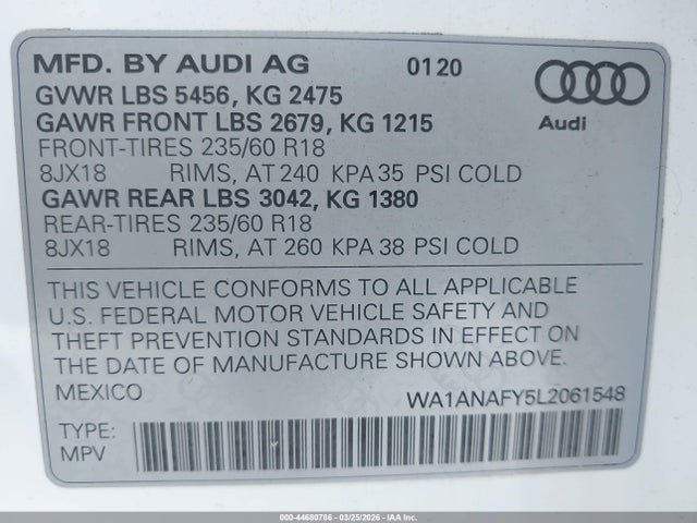2020 Audi Q5 Premium 45 Tfsi Quattro S Tronic/titanium Premium 45 Tfsi Quattro S Tronic მანქანა იყიდება აუქციონზე, vin: WA1ANAFY5L2061548, აუქციონის ნომერი: 44680786