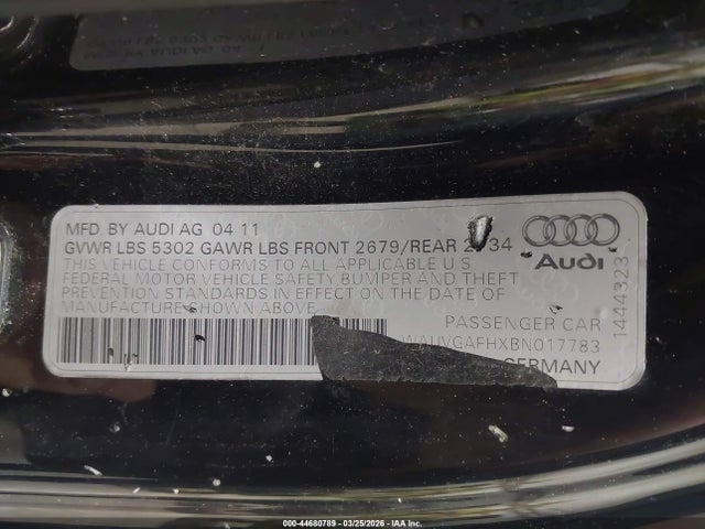 44680789 :رقم المزاد ، WAUVGAFHXBN017783 vin ، 2011 Audi S5 3.0 Premium Plus مزاد بيع
