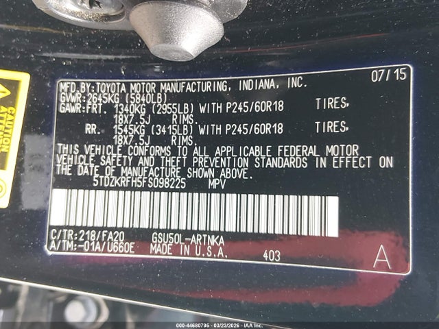 Aukcja sprzedaży 2015 Toyota Highlander Le Plus V6, vin: 5TDZKRFH5FS098225, numer aukcji: 44680795