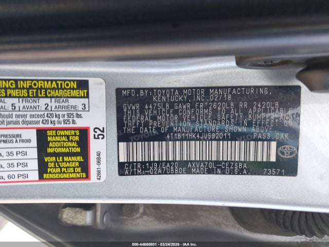 Продаж на аукціоні авто 2018 Toyota Camry Se, vin: 4T1B11HK4JU592011, номер лоту: 44680801