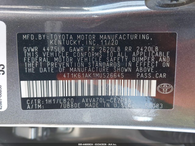 4T1K61AK1MU526645 Toyota CAMRY XSE