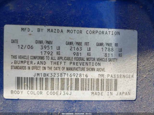Продажа на аукционе авто 2007 Mazda Mazda3 S Sport, vin: JM1BK323871692816, номер лота: 44680856