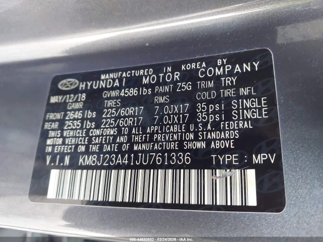 Aukcja sprzedaży 2018 Hyundai Tucson Se, vin: KM8J23A41JU761336, numer aukcji: 44680882