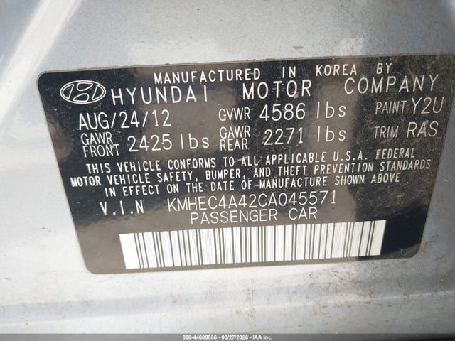 44680886 :رقم المزاد ، KMHEC4A42CA045571 vin ، 2012 Hyundai Sonata Hybrid مزاد بيع