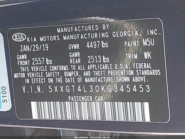 5XXGT4L30KG345453 KIA Optima Lx