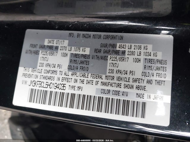 44680895 :رقم المزاد ، JM3KFBCL5H0194035 vin ، 2017 Mazda Cx-5 Touring مزاد بيع
