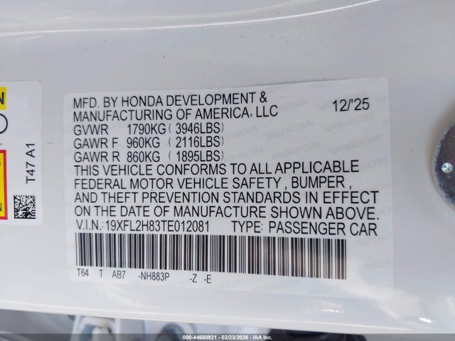 19XFL2H83TE012081 Honda Civic Sport