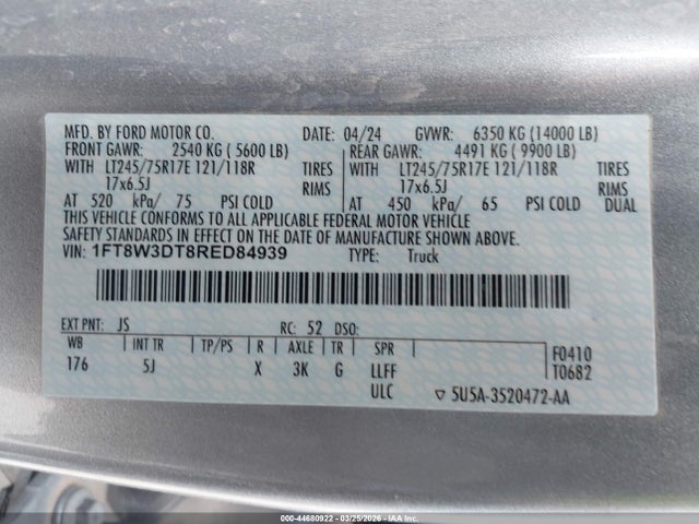 Aukcja sprzedaży 2024 Ford F-350 Lariat, vin: 1FT8W3DT8RED84939, numer aukcji: 44680922