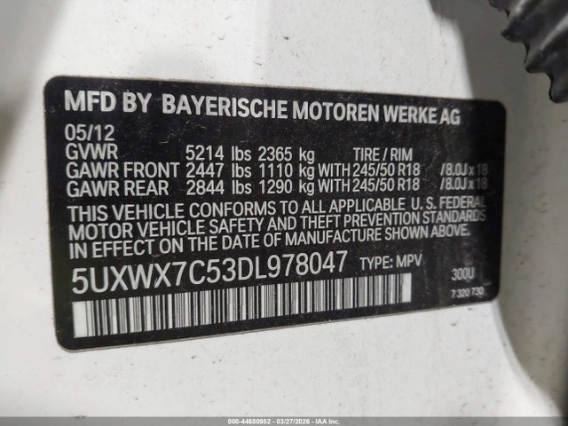 Продаж на аукціоні авто 2013 Bmw X3 Xdrive35i, vin: 5UXWX7C53DL978047, номер лоту: 44680952