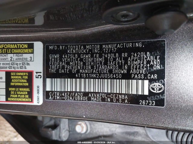 Aukcja sprzedaży 2018 Toyota Camry Le, vin: 4T1B11HK2JU056450, numer aukcji: 44680960