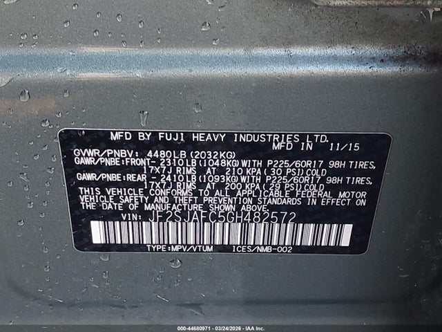 Aukcja sprzedaży 2016 Subaru Forester 2.5i Premium, vin: JF2SJAFC5GH482572, numer aukcji: 44680971