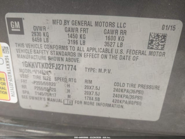 2015 Gmc Acadia Denali მანქანა იყიდება აუქციონზე, vin: 1GKKVTKD2FJ271774, აუქციონის ნომერი: 44680998