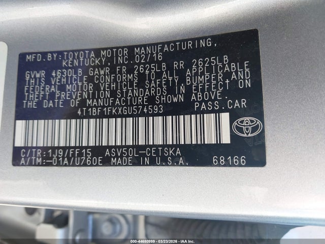 Aukcja sprzedaży 2016 Toyota Camry Se, vin: 4T1BF1FKXGU574593, numer aukcji: 44680999