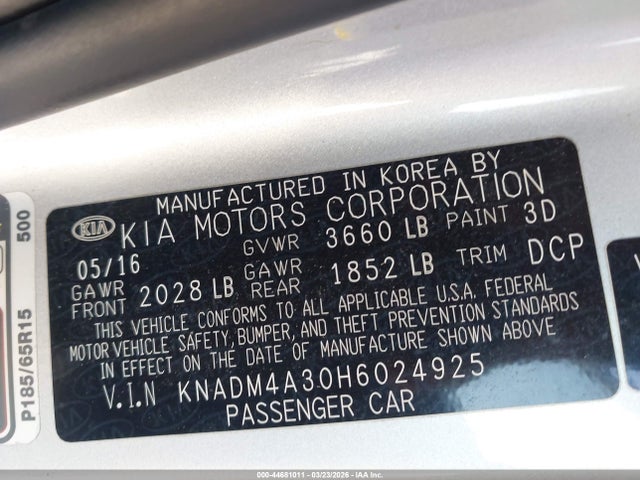 Aukcja sprzedaży 2017 Kia Rio Lx, vin: KNADM4A30H6024925, numer aukcji: 44681011