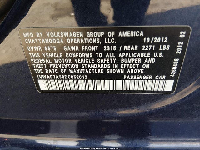 2013 VOLKSWAGEN PASSAT 1VWAP7A38DC052012 Photo 8