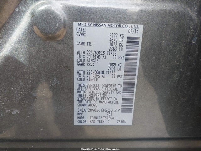 Продажа на аукционе авто 2014 Nissan Rogue S/sl/sv, vin: 5N1AT2MV0EC860737, номер лота: 44681014