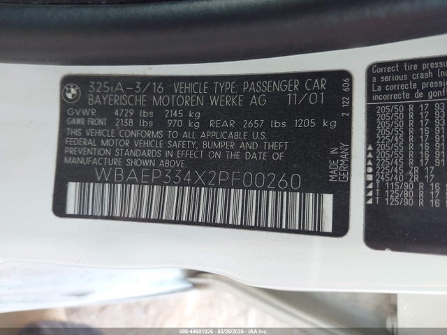 44681026 :رقم المزاد ، WBAEP334X2PF00260 vin ، 2002 Bmw 325xit مزاد بيع